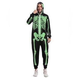 ••Spooktacular Creations Skeleton Glow In Dark Zip Up Hooded Jumpsuit Adult SM